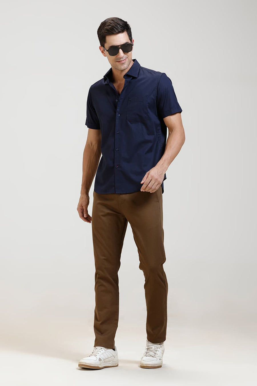 BASICS SLIM FIT SPACE NAVY COTTON TWILL HALFSLEEVES SHIRT