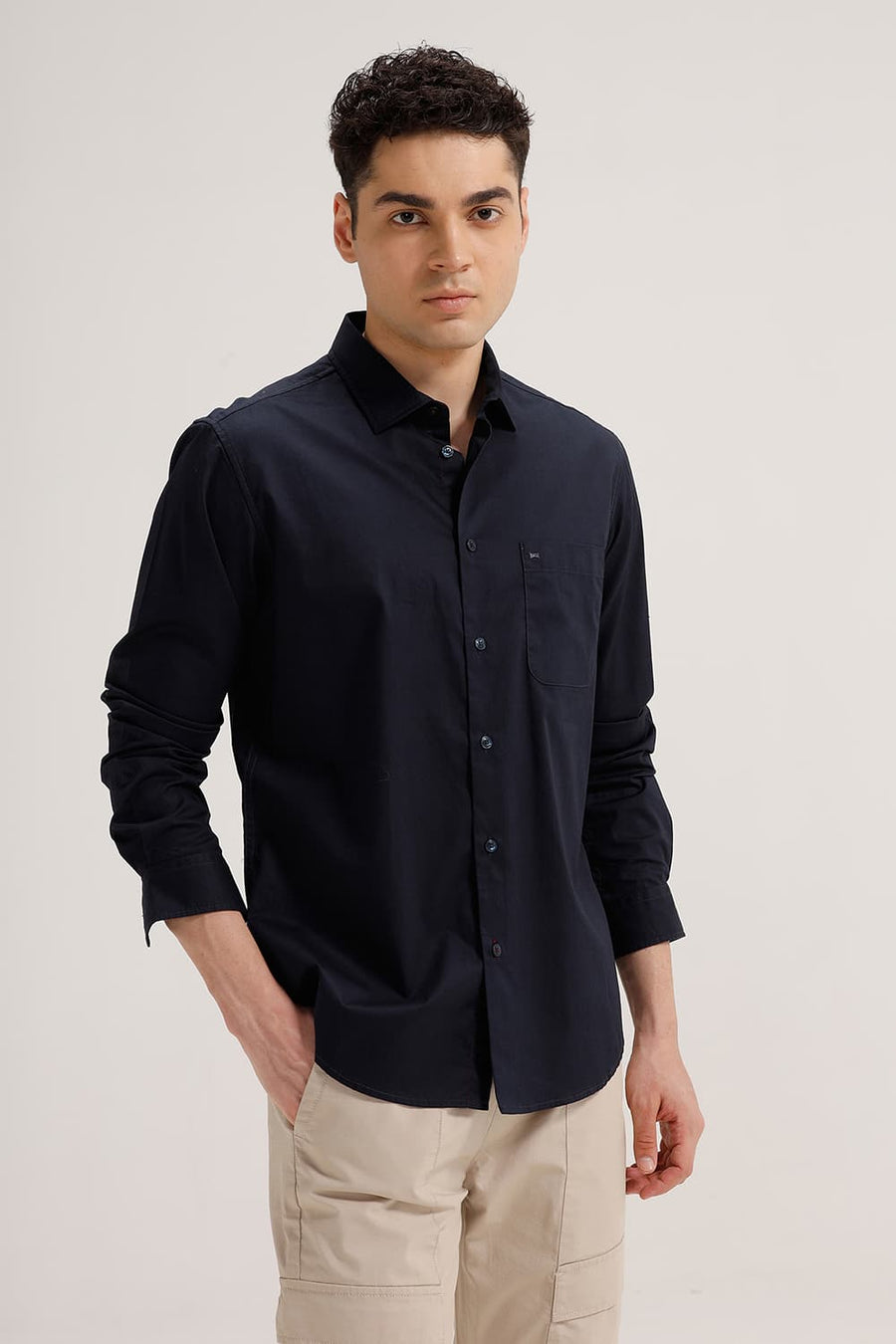 BASICS SLIM FIT SPACE NAVY COTTON TWILL SHIRT