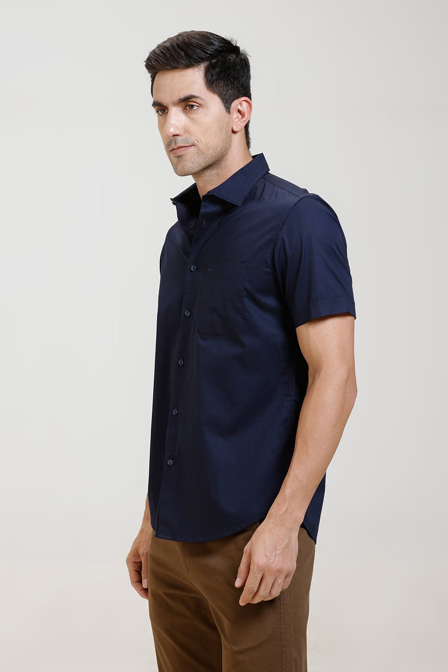 BASICS SLIM FIT SPACE NAVY COTTON TWILL HALFSLEEVES SHIRT