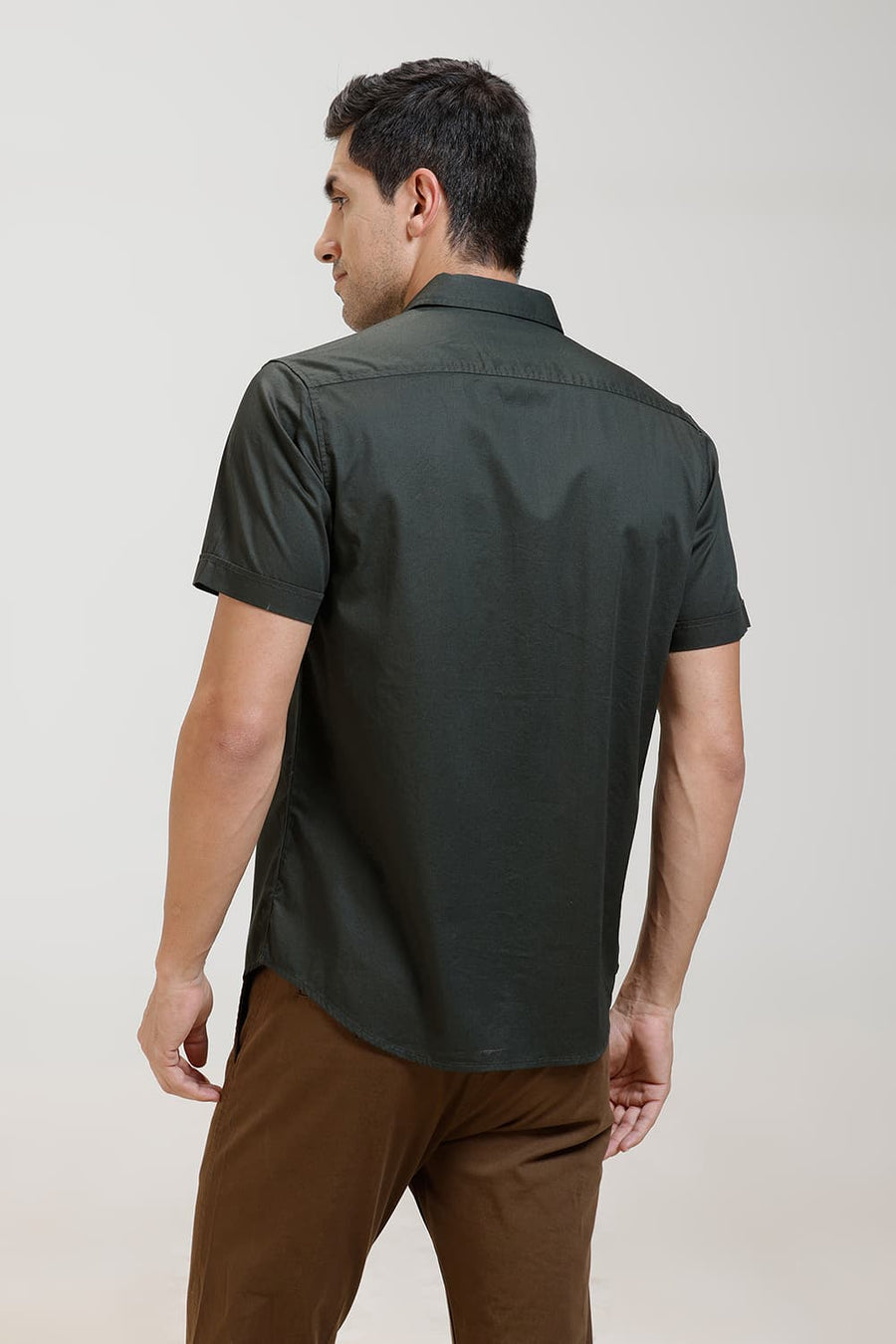 BASICS SLIM FIT FOREST GREEN COTTON TWILL HALFSLEEVES SHIRT