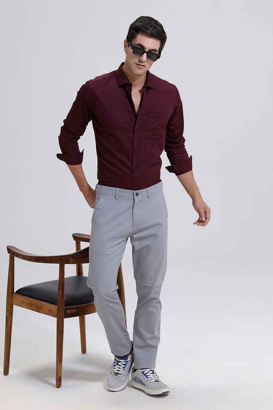 BASICS SLIM FIT FIG WINE COTTON TWILL SHIRT