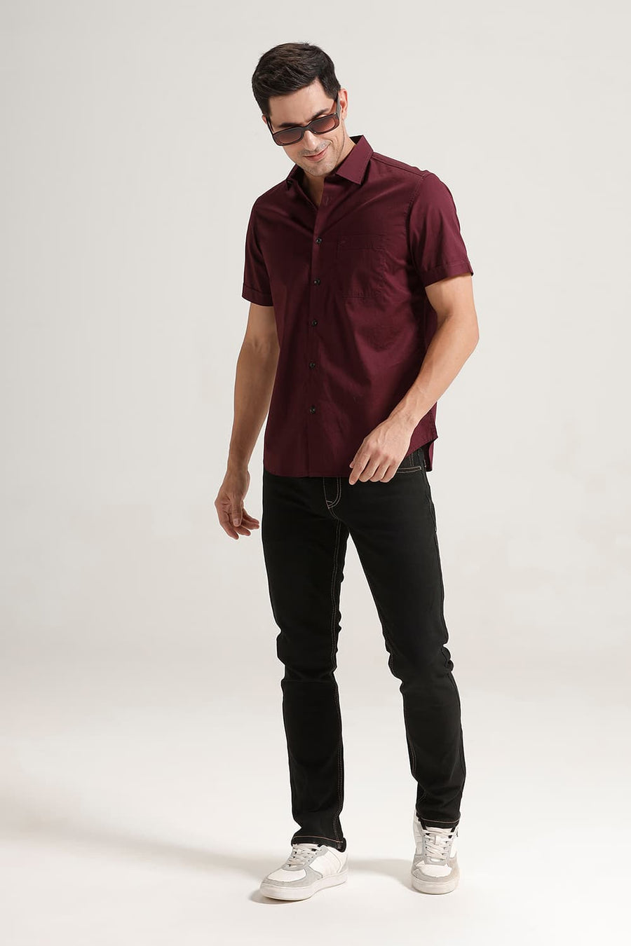 BASICS SLIM FIT FIG WINE COTTON TWILL HALFSLEEVES SHIRT