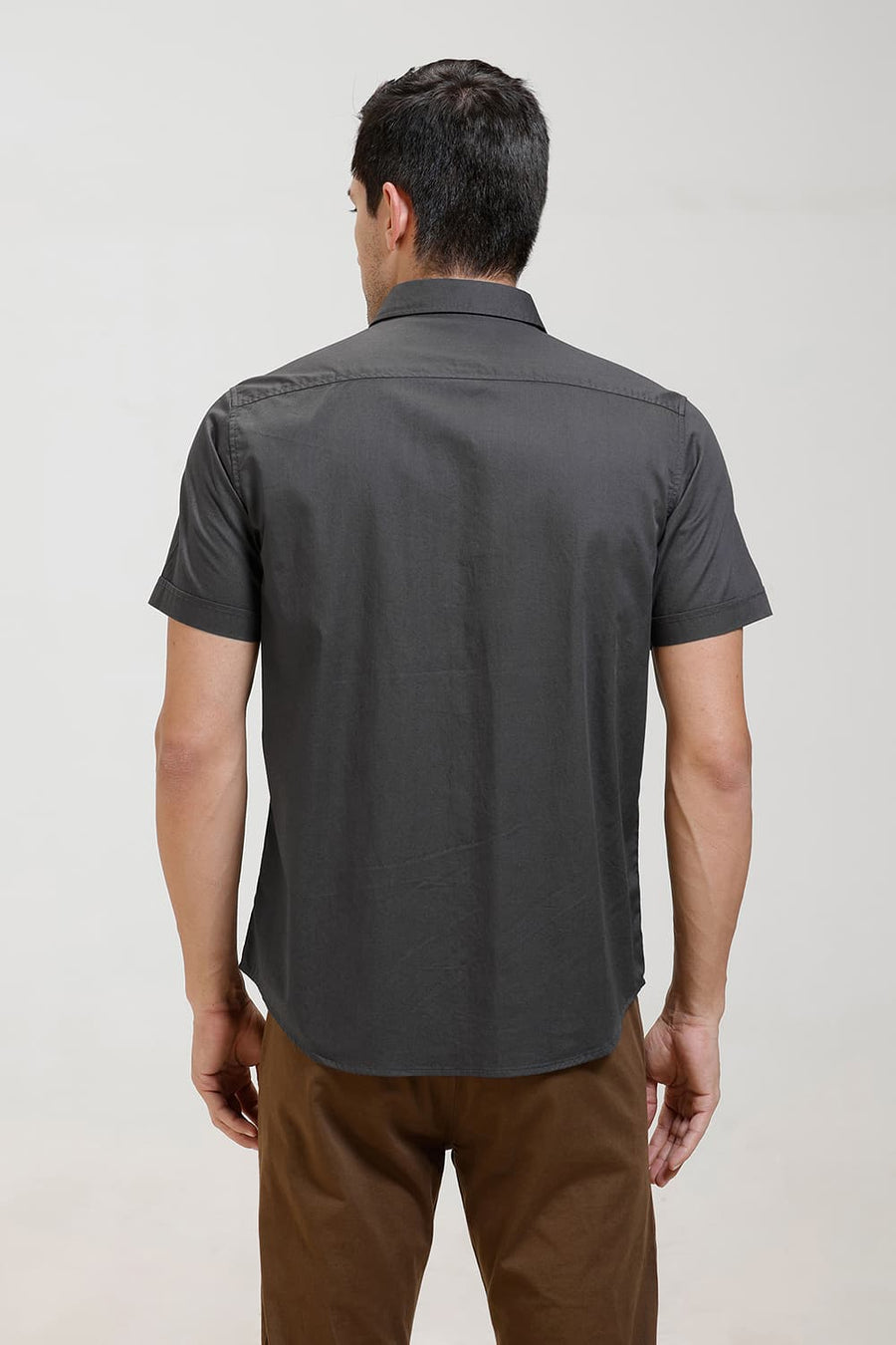 BASICS SLIM FIT CARBON GREY COTTON TWILL HALFSLEEVES SHIRT