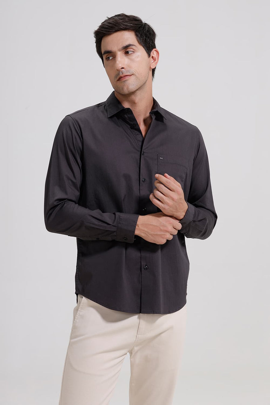 BASICS SLIM FIT CARBON GREY COTTON TWILL SHIRT