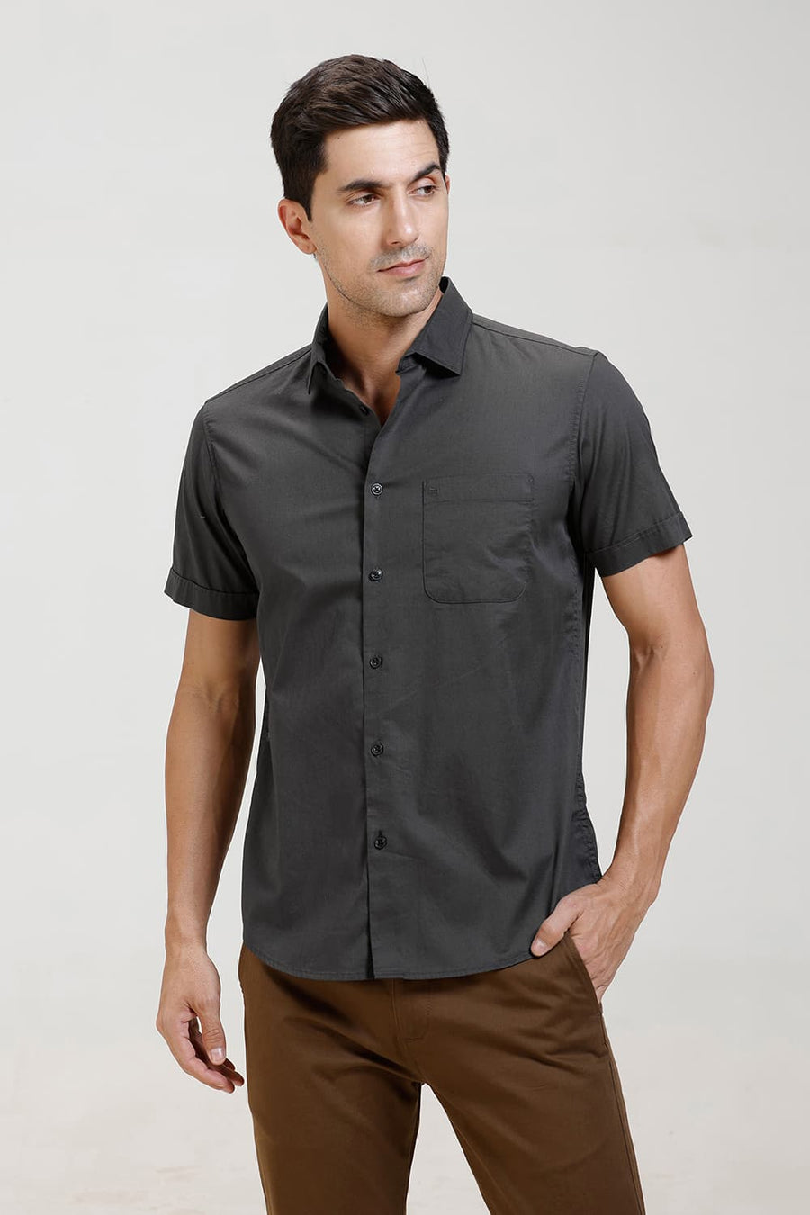 BASICS SLIM FIT CARBON GREY COTTON TWILL HALFSLEEVES SHIRT