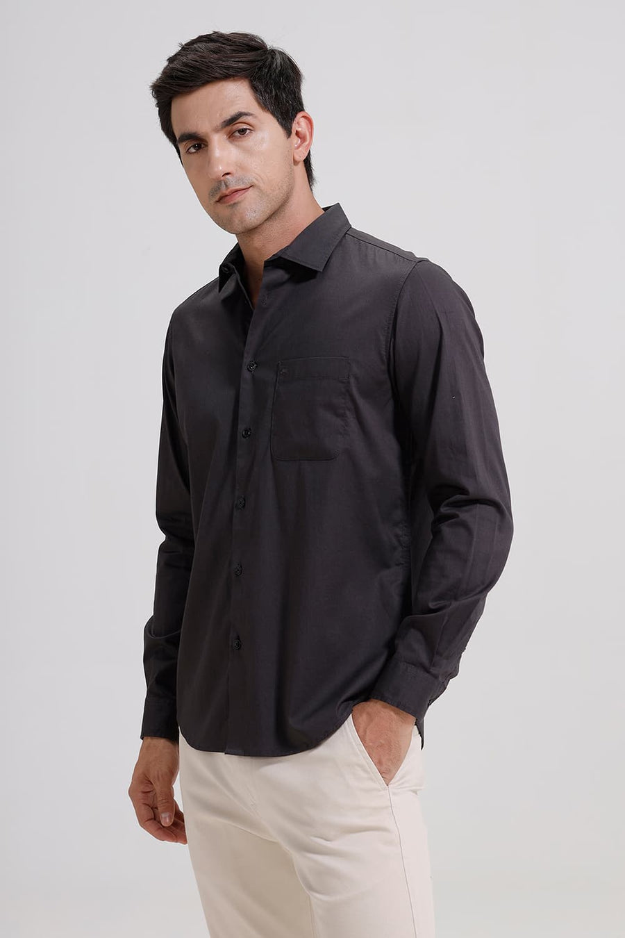 BASICS SLIM FIT CARBON GREY COTTON TWILL SHIRT