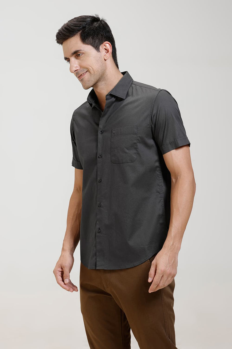 BASICS SLIM FIT CARBON GREY COTTON TWILL HALFSLEEVES SHIRT