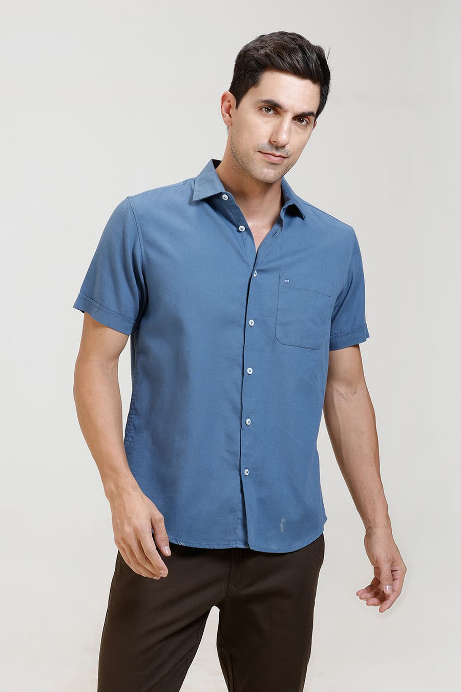 BASICS SLIM FIT SAILOR BLUE COTTON BIRDS EYE DOBBY HALFSLEEVES SHIRT