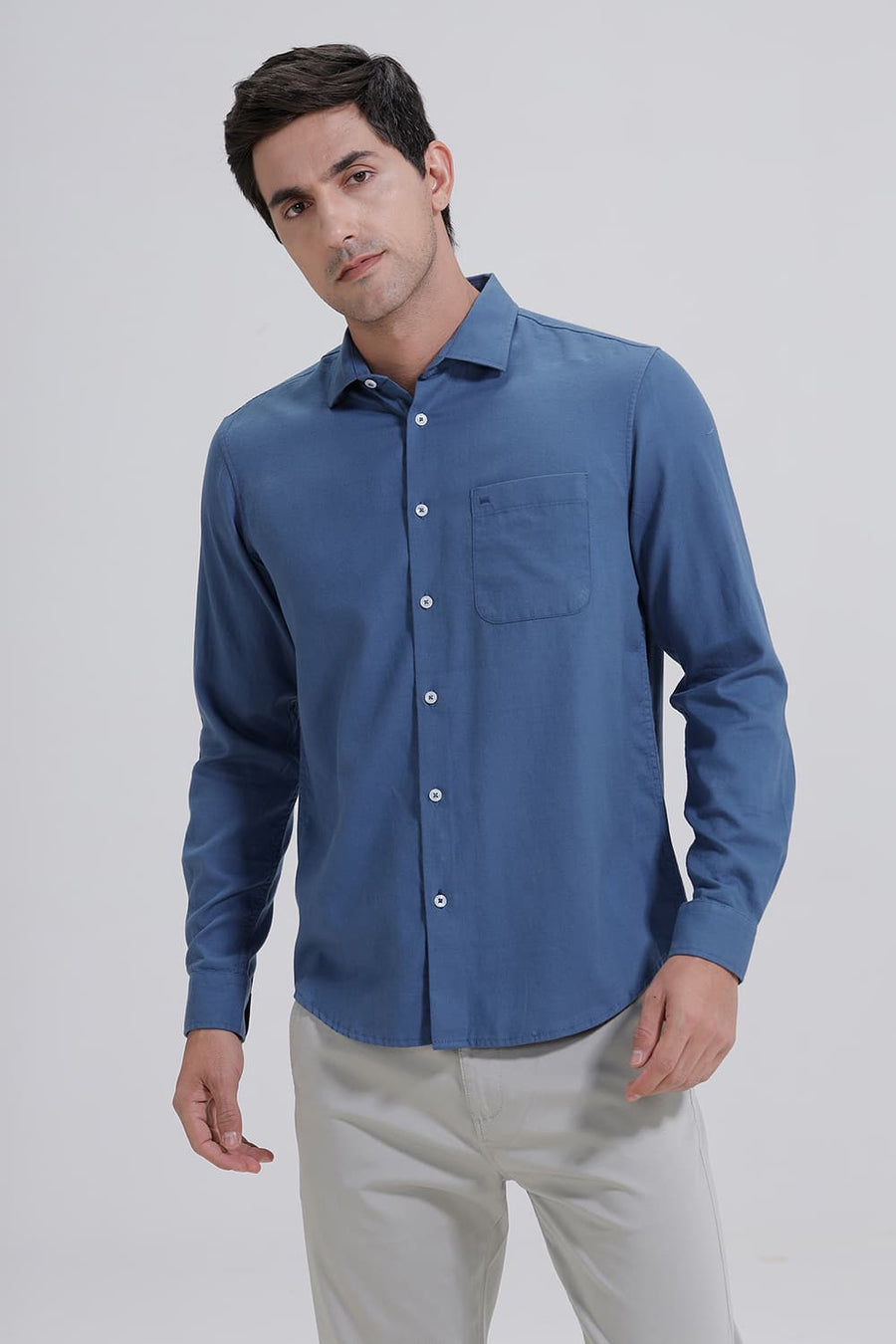 BASICS SLIM FIT SAILOR BLUE COTTON BIRDS EYE DOBBY SHIRT