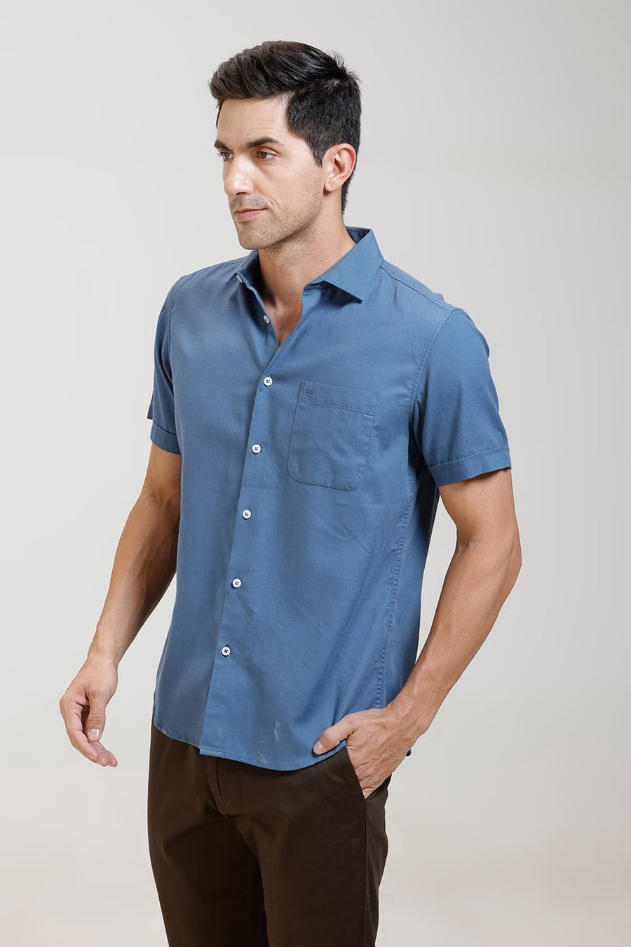 BASICS SLIM FIT SAILOR BLUE COTTON BIRDS EYE DOBBY HALFSLEEVES SHIRT