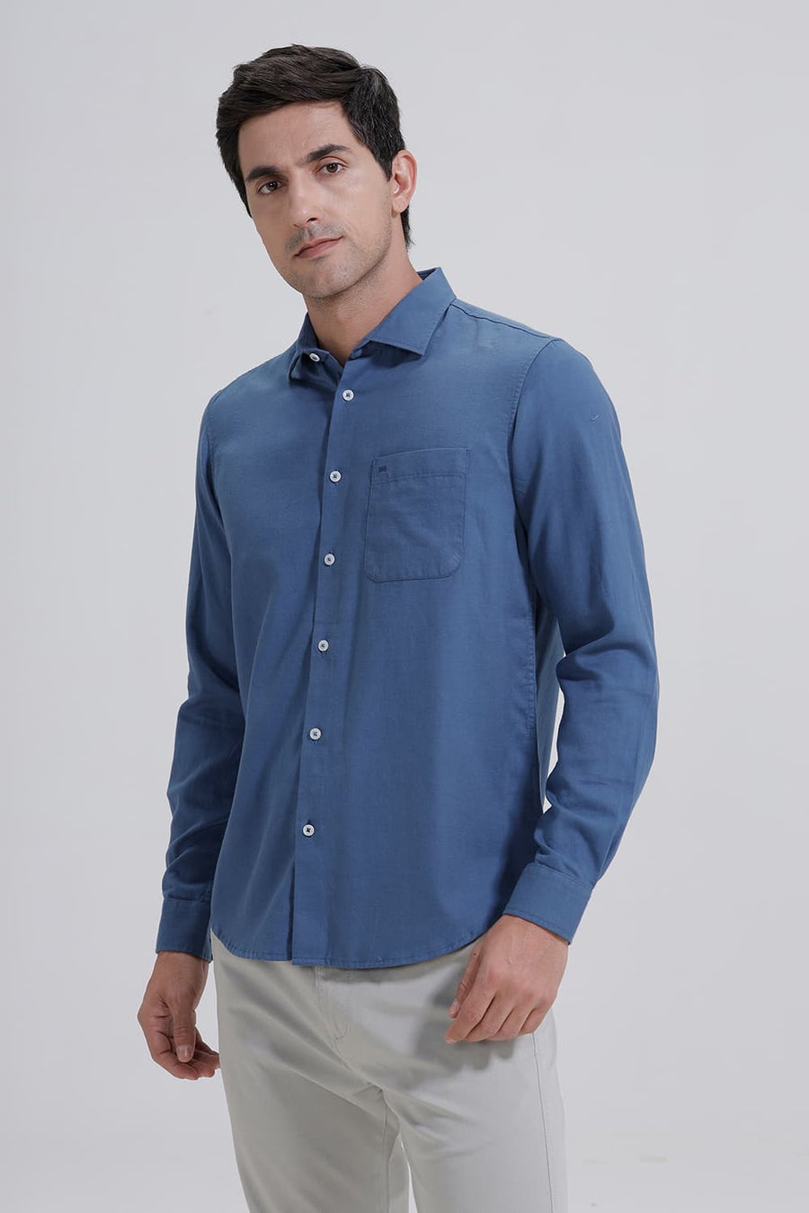 BASICS SLIM FIT SAILOR BLUE COTTON BIRDS EYE DOBBY SHIRT
