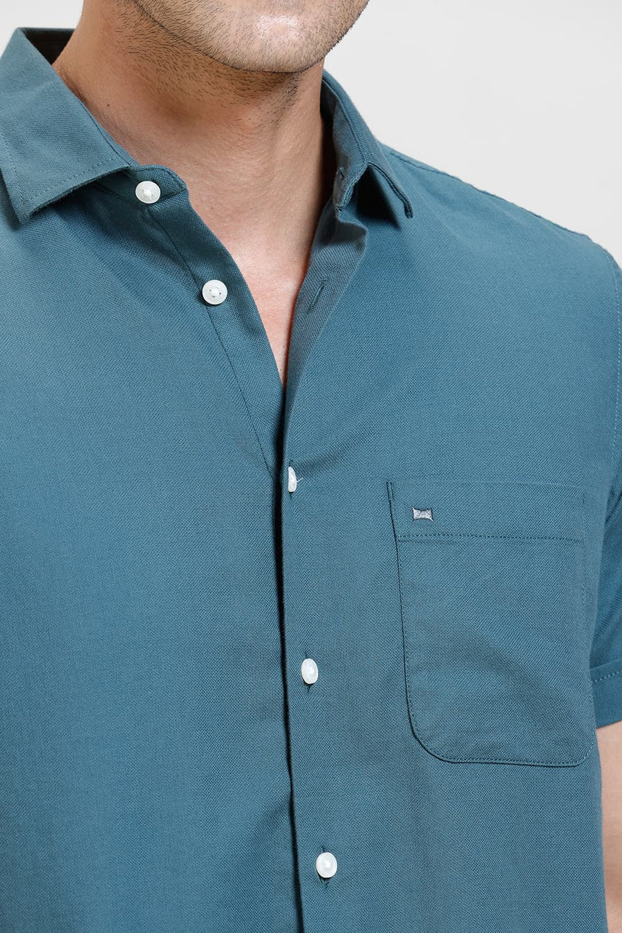 BASICS SLIM FIT DRAGON FLY GREEN COTTON BIRDS EYE DOBBY HALFSLEEVES SHIRT