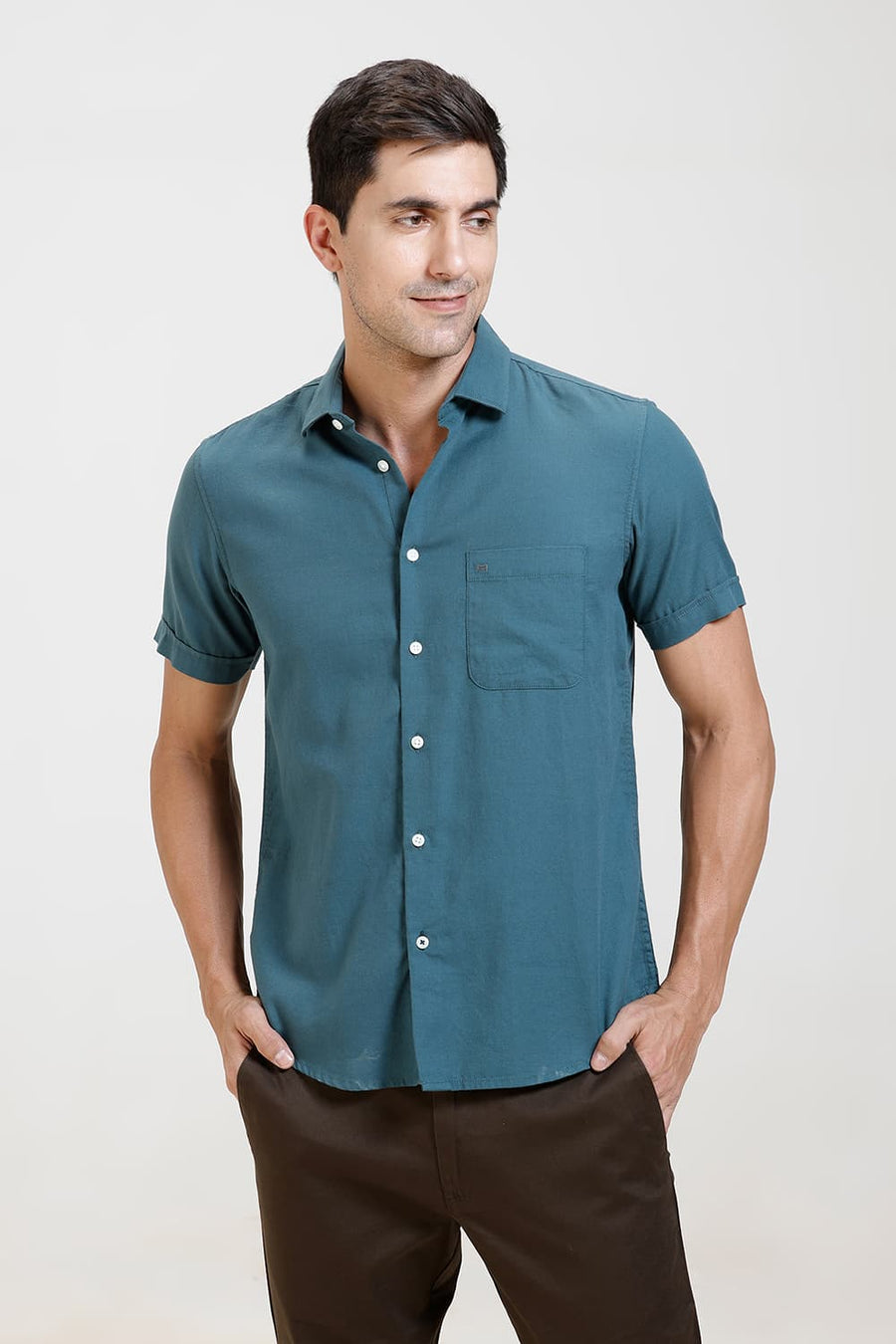 BASICS SLIM FIT DRAGON FLY GREEN COTTON BIRDS EYE DOBBY HALFSLEEVES SHIRT