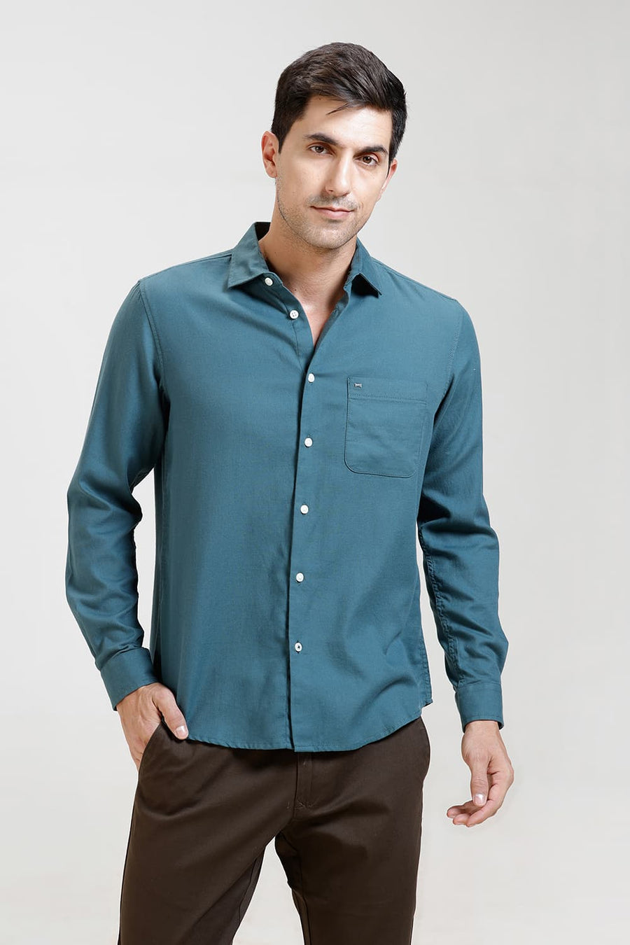 BASICS SLIM FIT DRAGON FLY GREEN COTTON BIRDS EYE DOBBY SHIRT