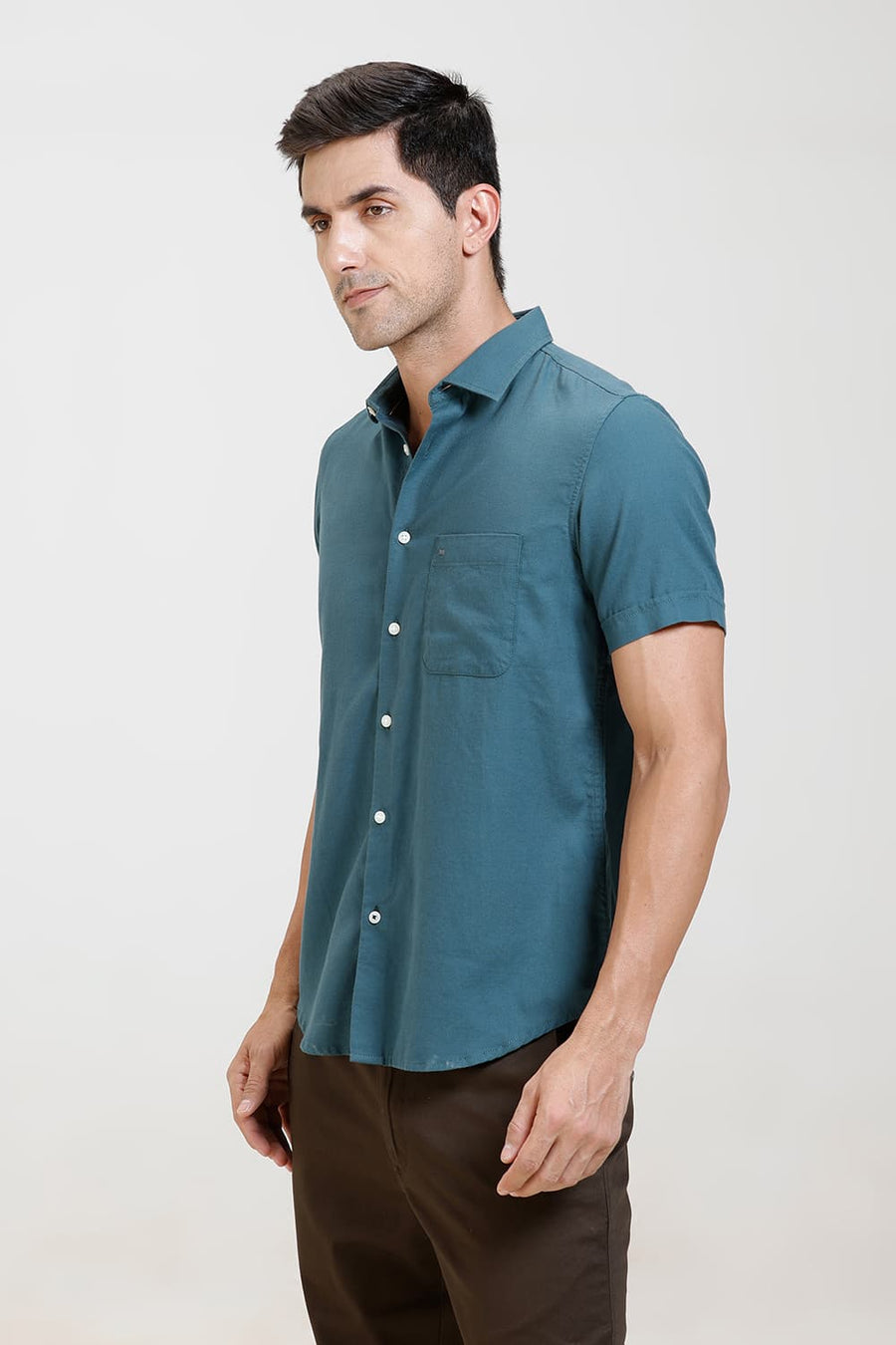 BASICS SLIM FIT DRAGON FLY GREEN COTTON BIRDS EYE DOBBY HALFSLEEVES SHIRT