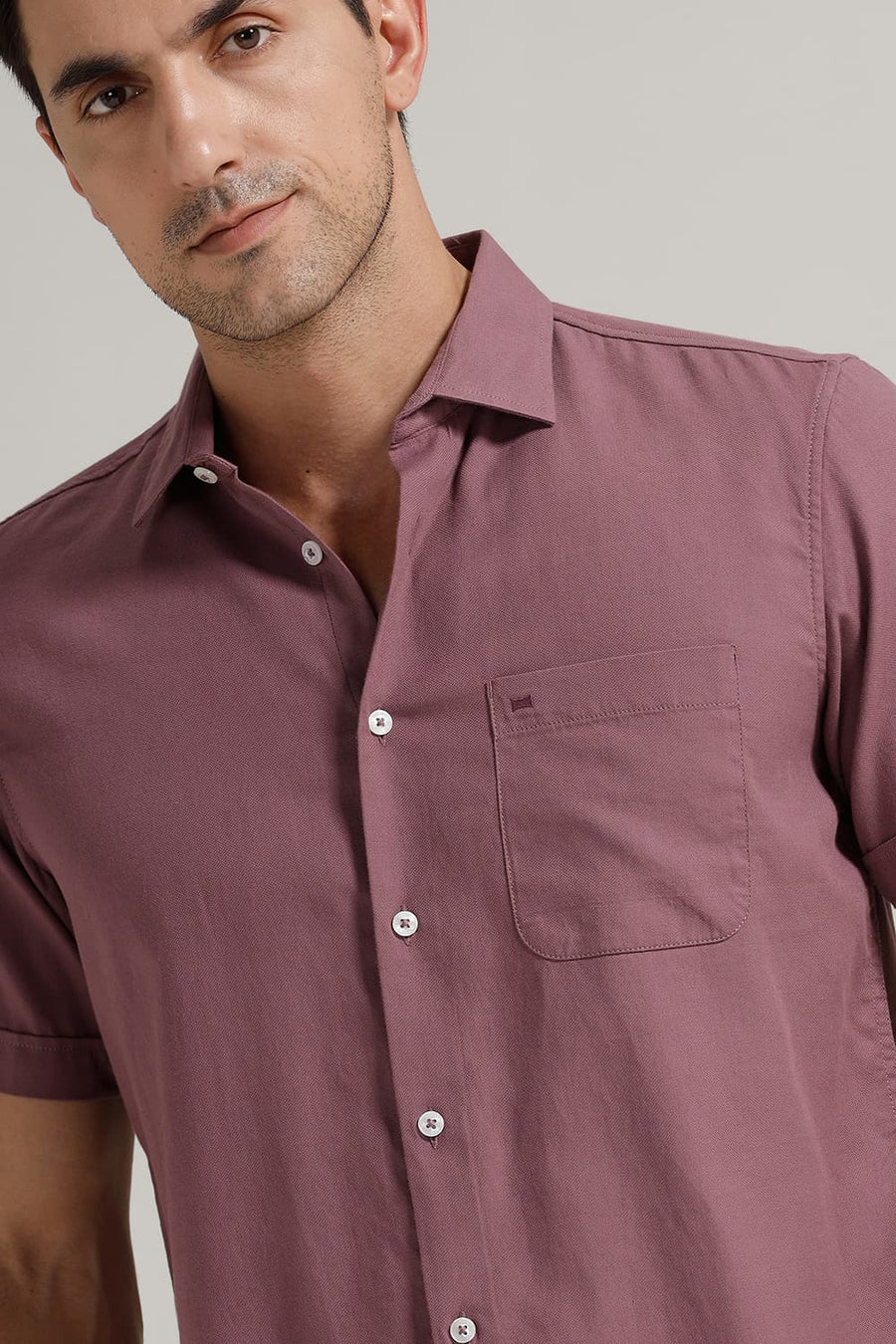 BASICS SLIM FIT PURPLE GRAPE COTTON BIRDS EYE DOBBY HALFSLEEVES SHIRT