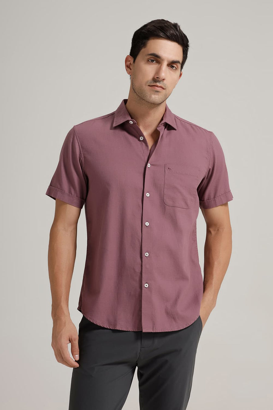 BASICS SLIM FIT PURPLE GRAPE COTTON BIRDS EYE DOBBY HALFSLEEVES SHIRT