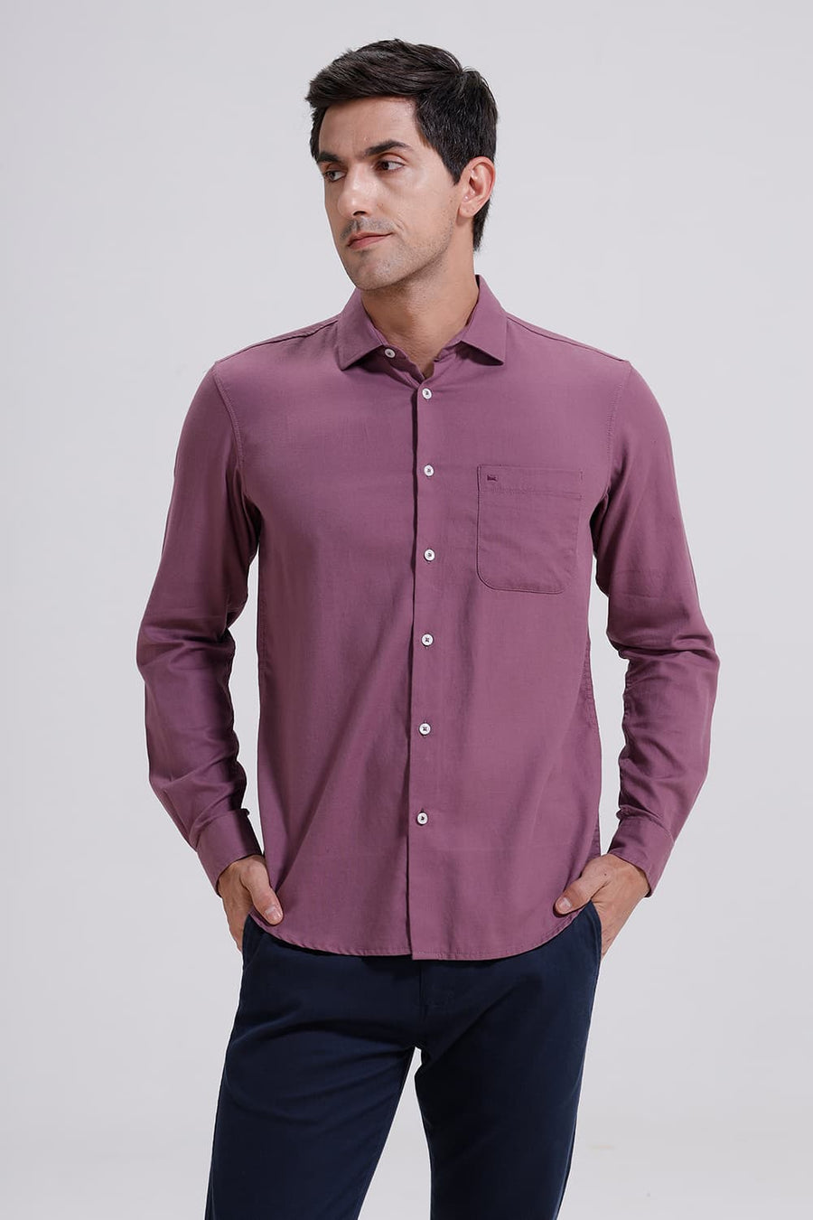 BASICS SLIM FIT PURPLE GRAPE COTTON BIRDS EYE DOBBY SHIRT