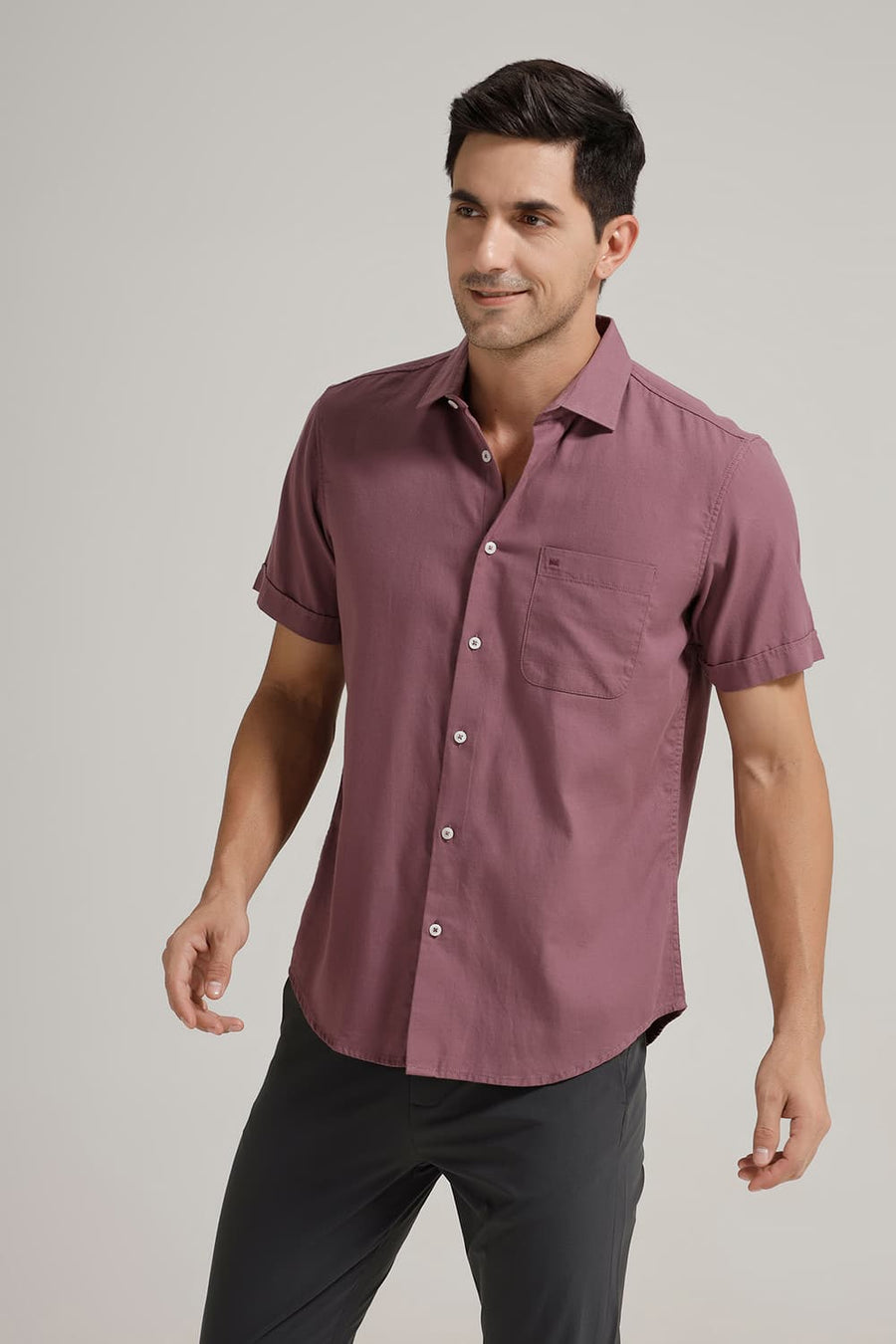 BASICS SLIM FIT PURPLE GRAPE COTTON BIRDS EYE DOBBY HALFSLEEVES SHIRT