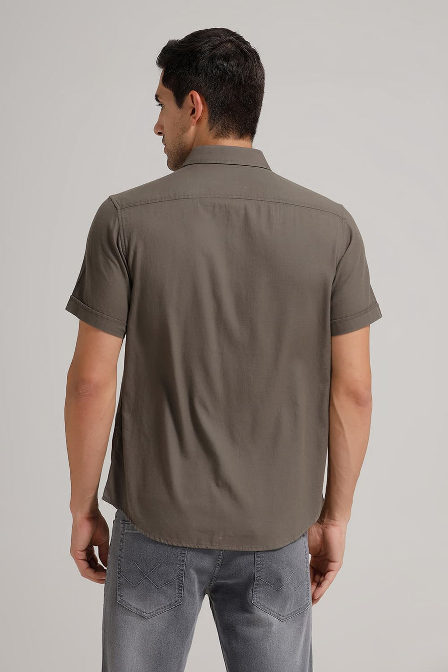 BASICS SLIM FIT LICHEN GREEN COTTON BIRDS EYE DOBBY HALFSLEEVES SHIRT