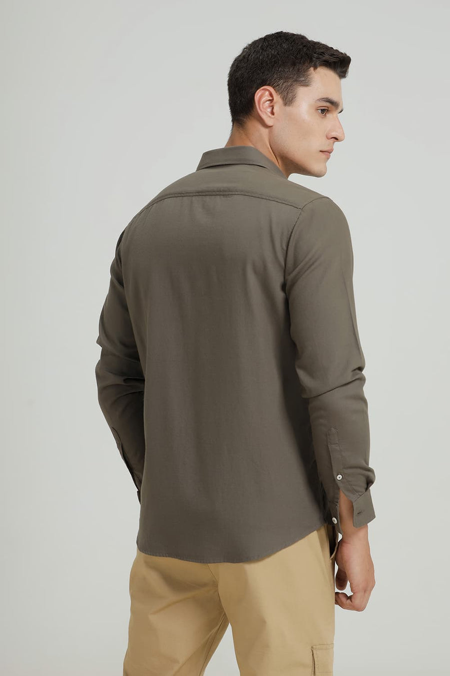 BASICS SLIM FIT LICHEN GREEN COTTON BIRDS EYE DOBBY SHIRT