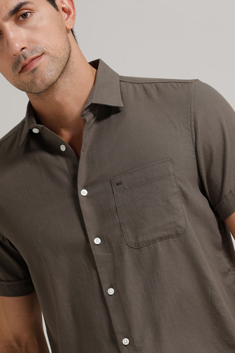 BASICS SLIM FIT LICHEN GREEN COTTON BIRDS EYE DOBBY HALFSLEEVES SHIRT