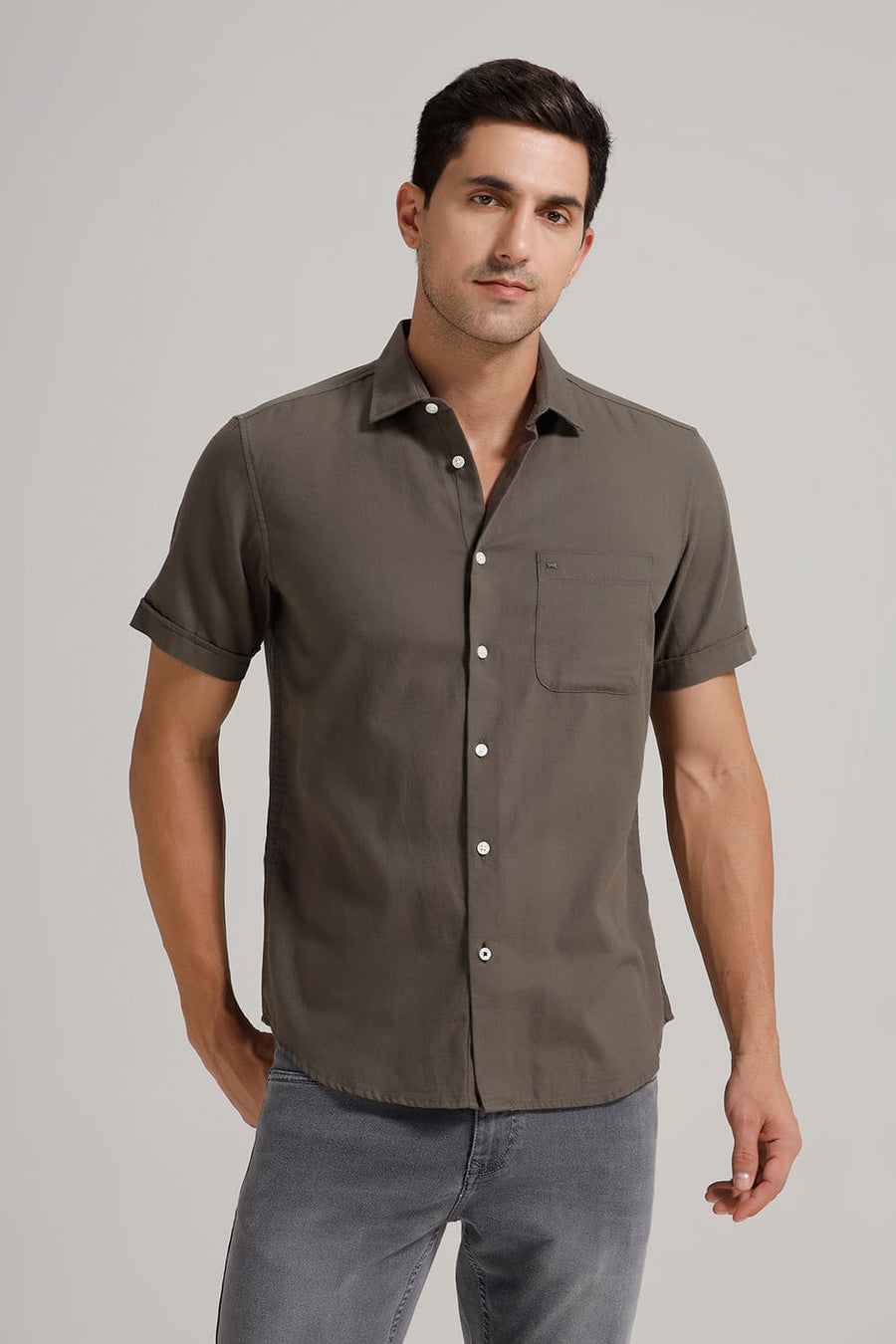 BASICS SLIM FIT LICHEN GREEN COTTON BIRDS EYE DOBBY HALFSLEEVES SHIRT