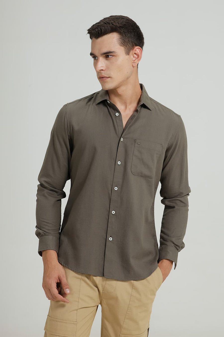 BASICS SLIM FIT LICHEN GREEN COTTON BIRDS EYE DOBBY SHIRT