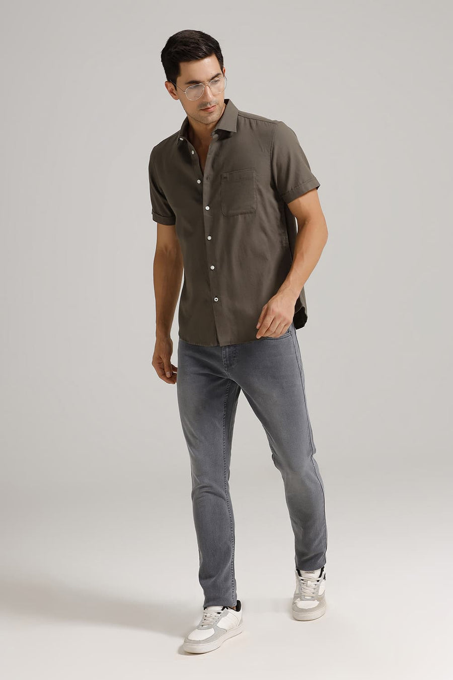 BASICS SLIM FIT LICHEN GREEN COTTON BIRDS EYE DOBBY HALFSLEEVES SHIRT