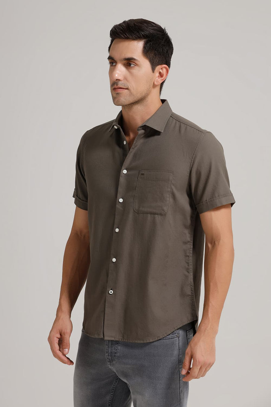 BASICS SLIM FIT LICHEN GREEN COTTON BIRDS EYE DOBBY HALFSLEEVES SHIRT