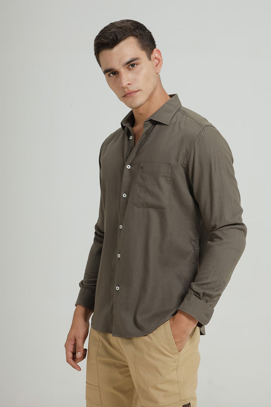 BASICS SLIM FIT LICHEN GREEN COTTON BIRDS EYE DOBBY SHIRT