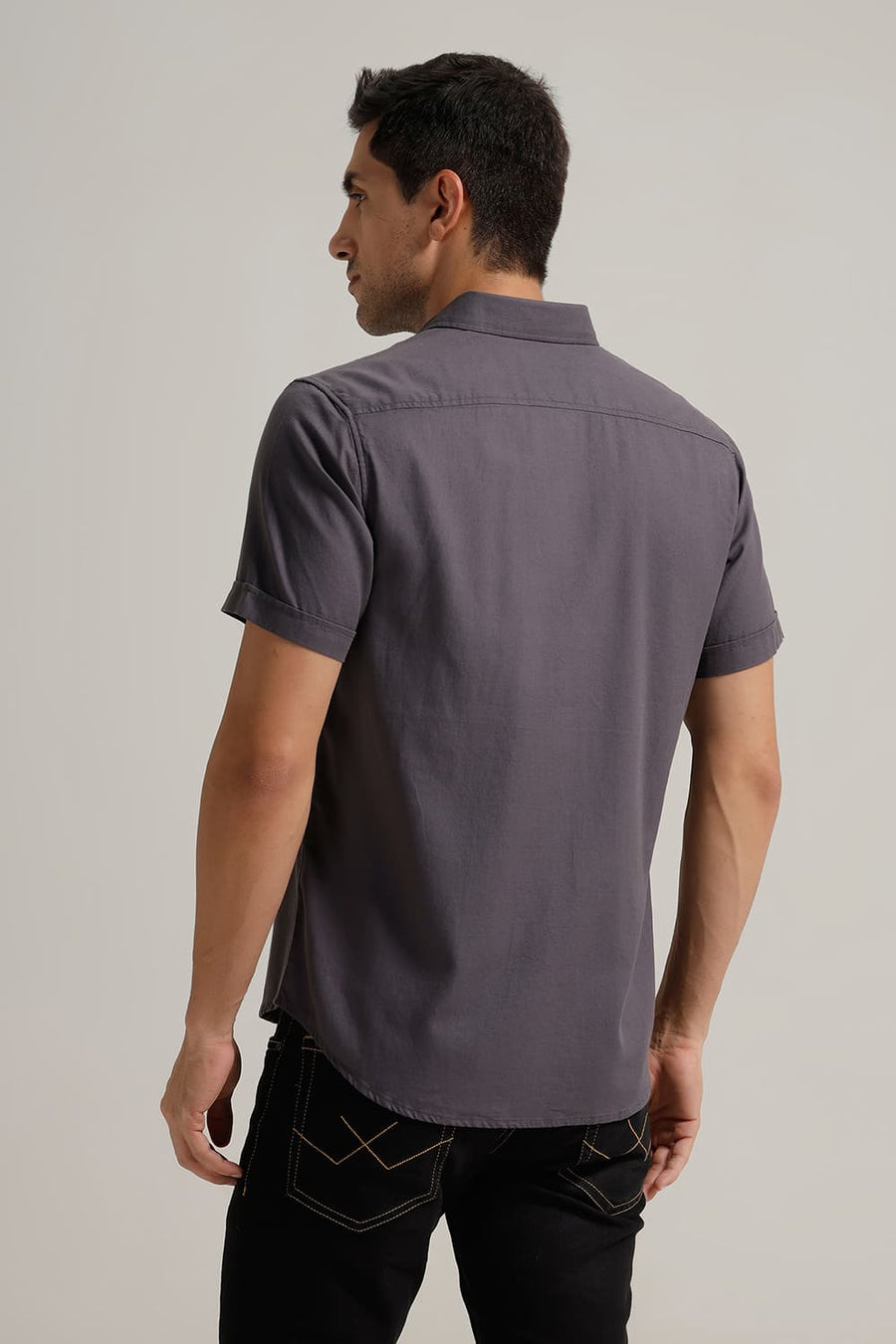 BASICS SLIM FIT GREY SHARK COTTON BIRDS EYE DOBBY HALFSLEEVES SHIRT