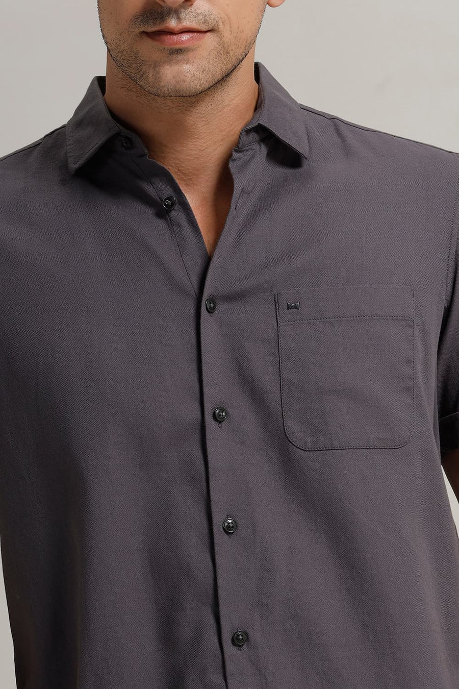 BASICS SLIM FIT GREY SHARK COTTON BIRDS EYE DOBBY HALFSLEEVES SHIRT