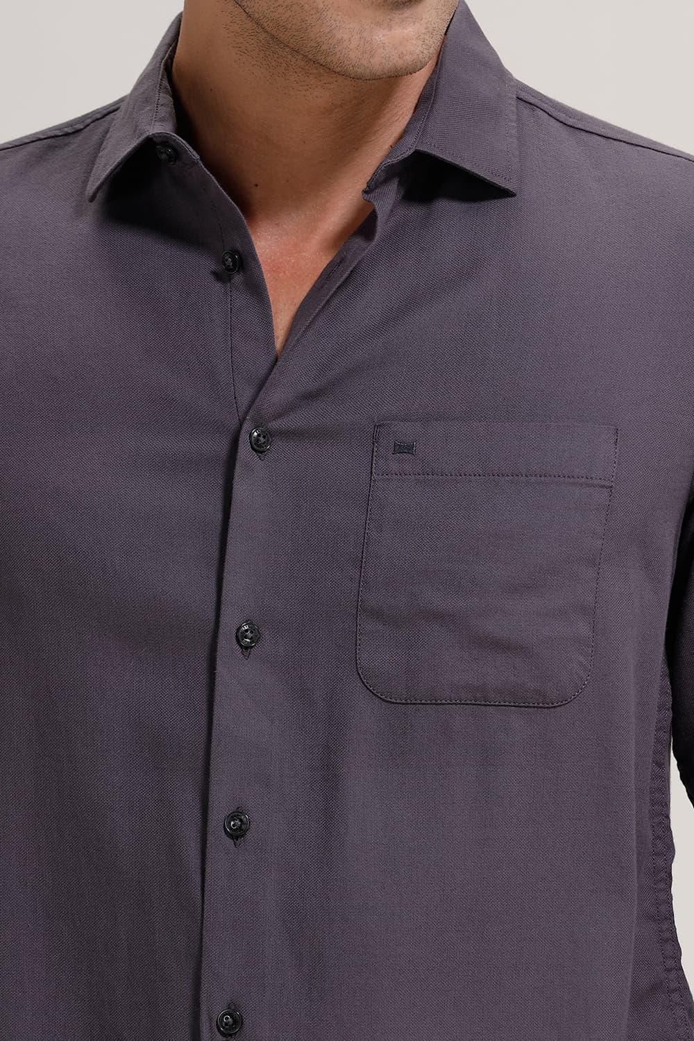 BASICS SLIM FIT GREY SHARK COTTON BIRDS EYE DOBBY SHIRT