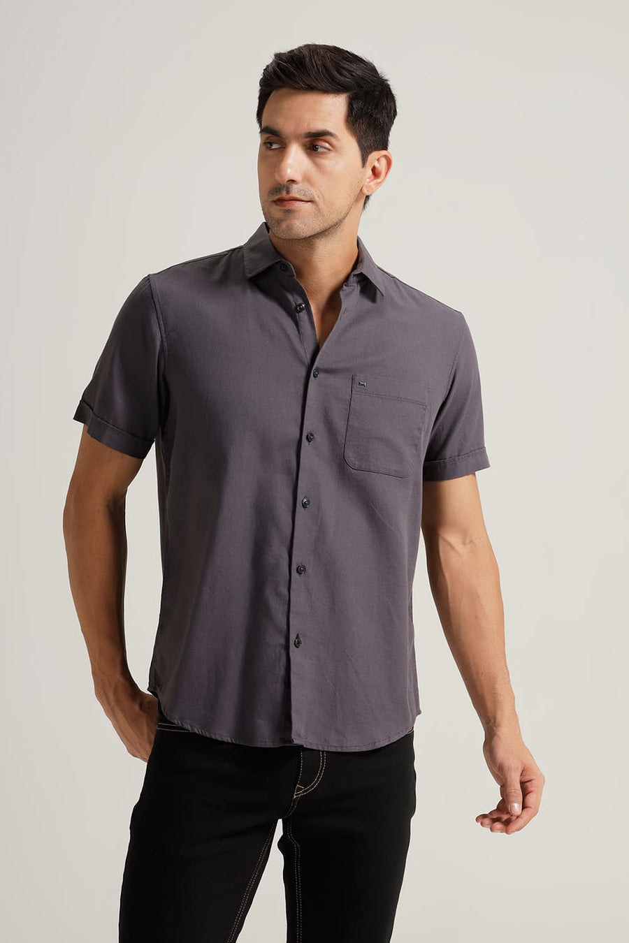 BASICS SLIM FIT GREY SHARK COTTON BIRDS EYE DOBBY HALFSLEEVES SHIRT