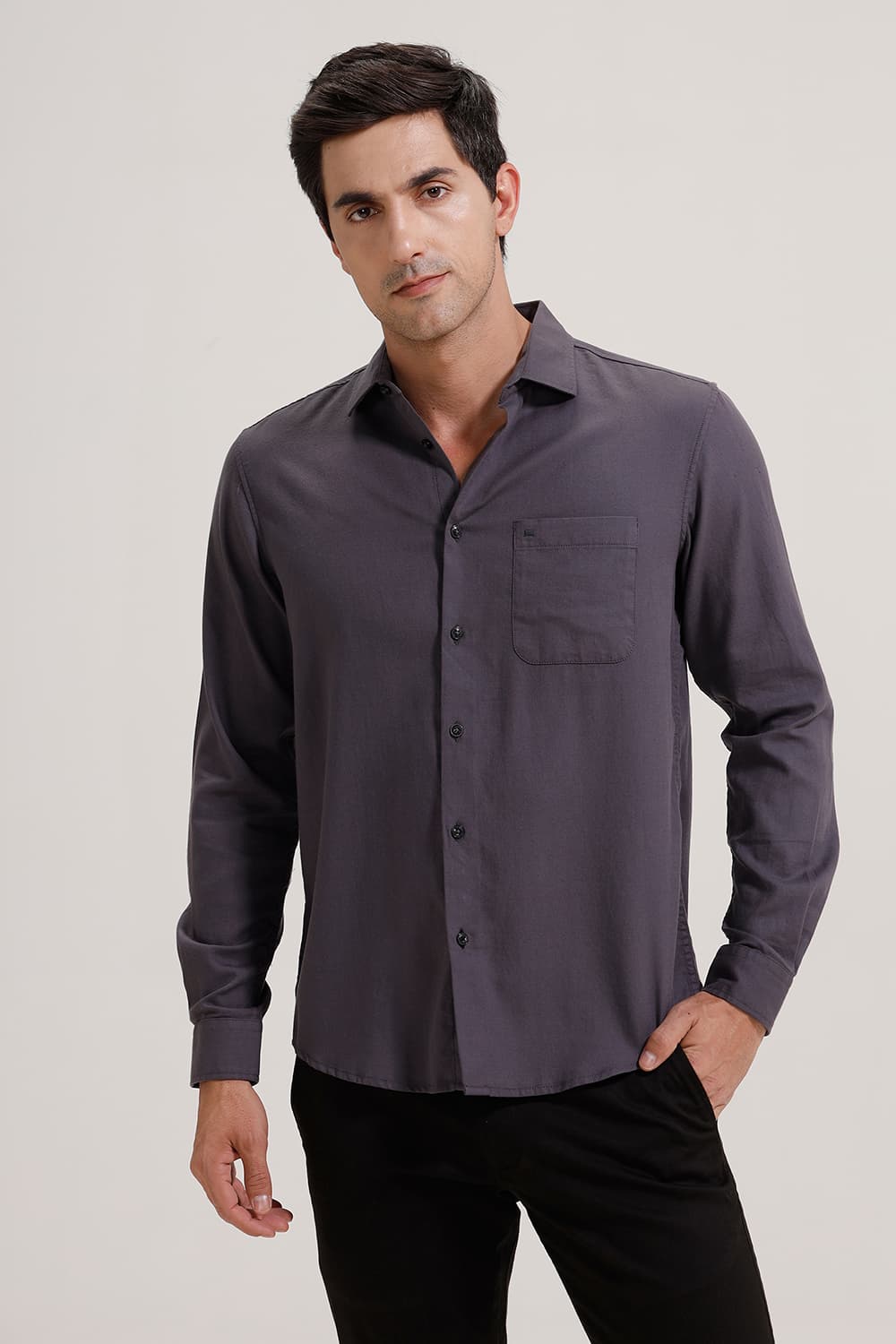 BASICS SLIM FIT GREY SHARK COTTON BIRDS EYE DOBBY SHIRT