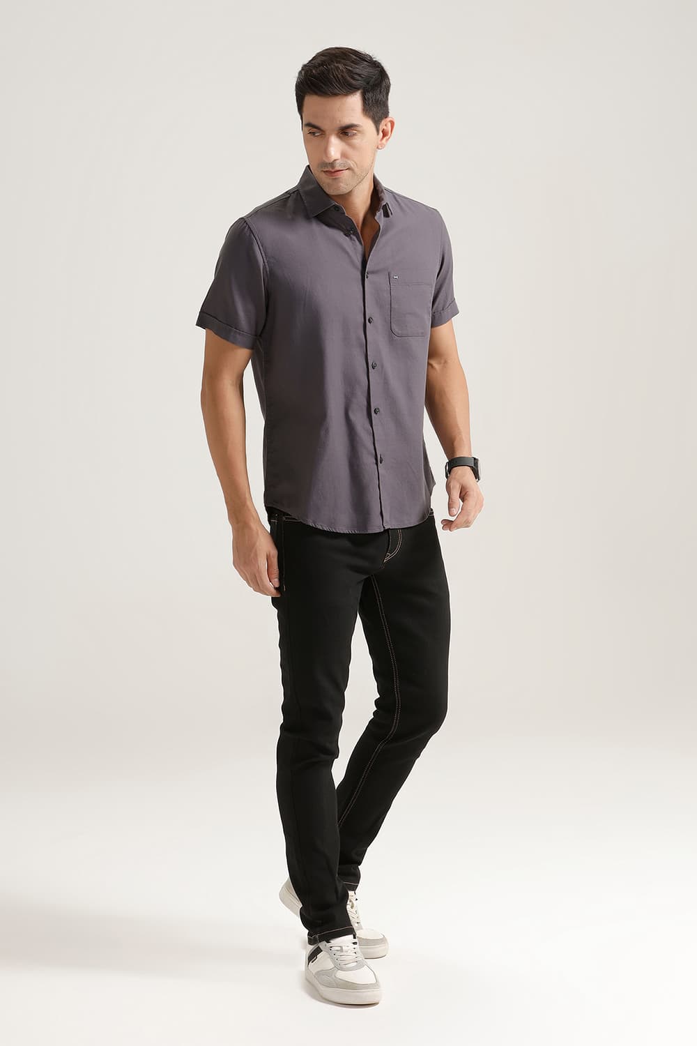 SLIM FIT COTTON BIRDS EYE DOBBY HALFSLEEVES SHIRT
