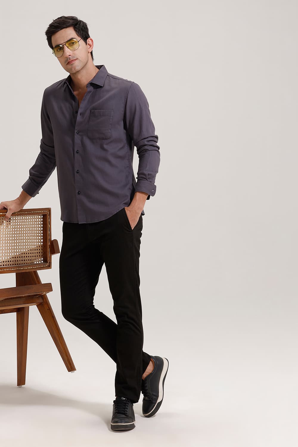 BASICS SLIM FIT GREY SHARK COTTON BIRDS EYE DOBBY SHIRT