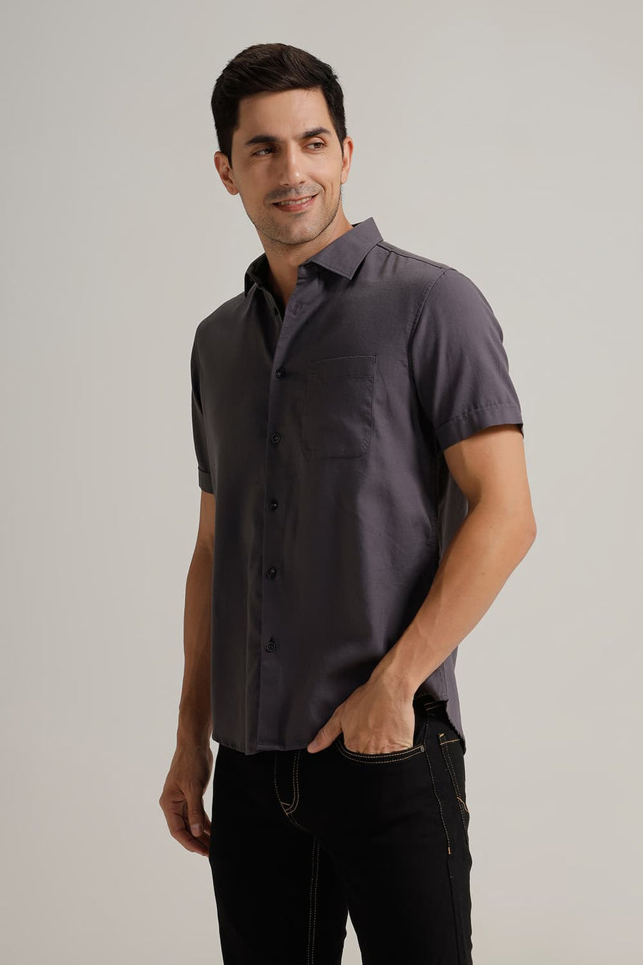 BASICS SLIM FIT GREY SHARK COTTON BIRDS EYE DOBBY HALFSLEEVES SHIRT