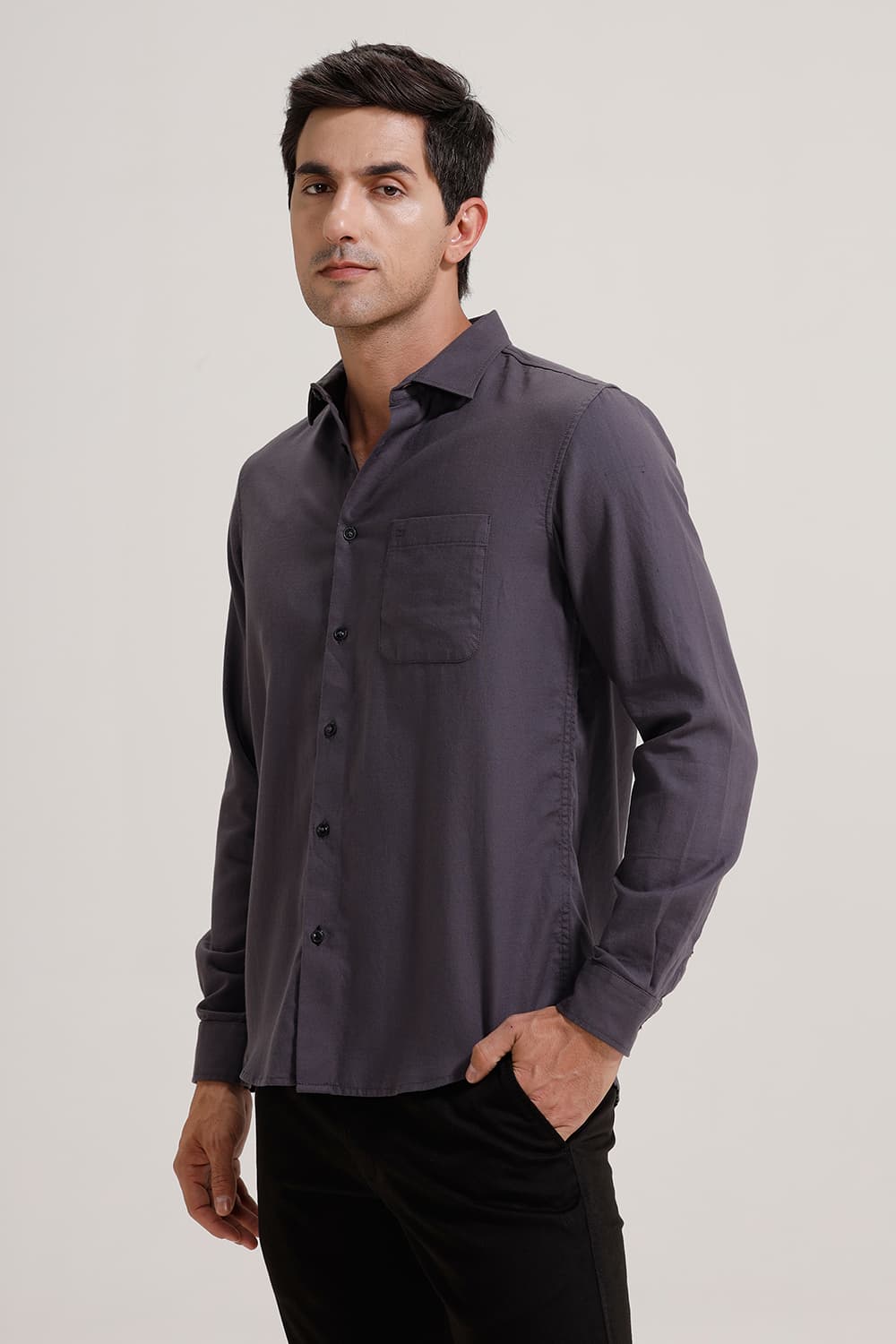 BASICS SLIM FIT GREY SHARK COTTON BIRDS EYE DOBBY SHIRT