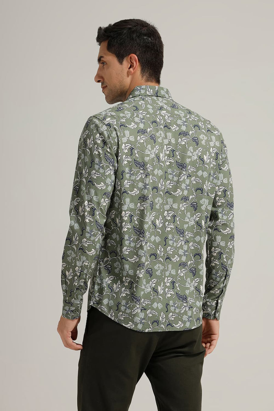 BASICS SLIM FIT DOUGLAS OLIVE COTTON VISCOSE PRINTED SHIRT