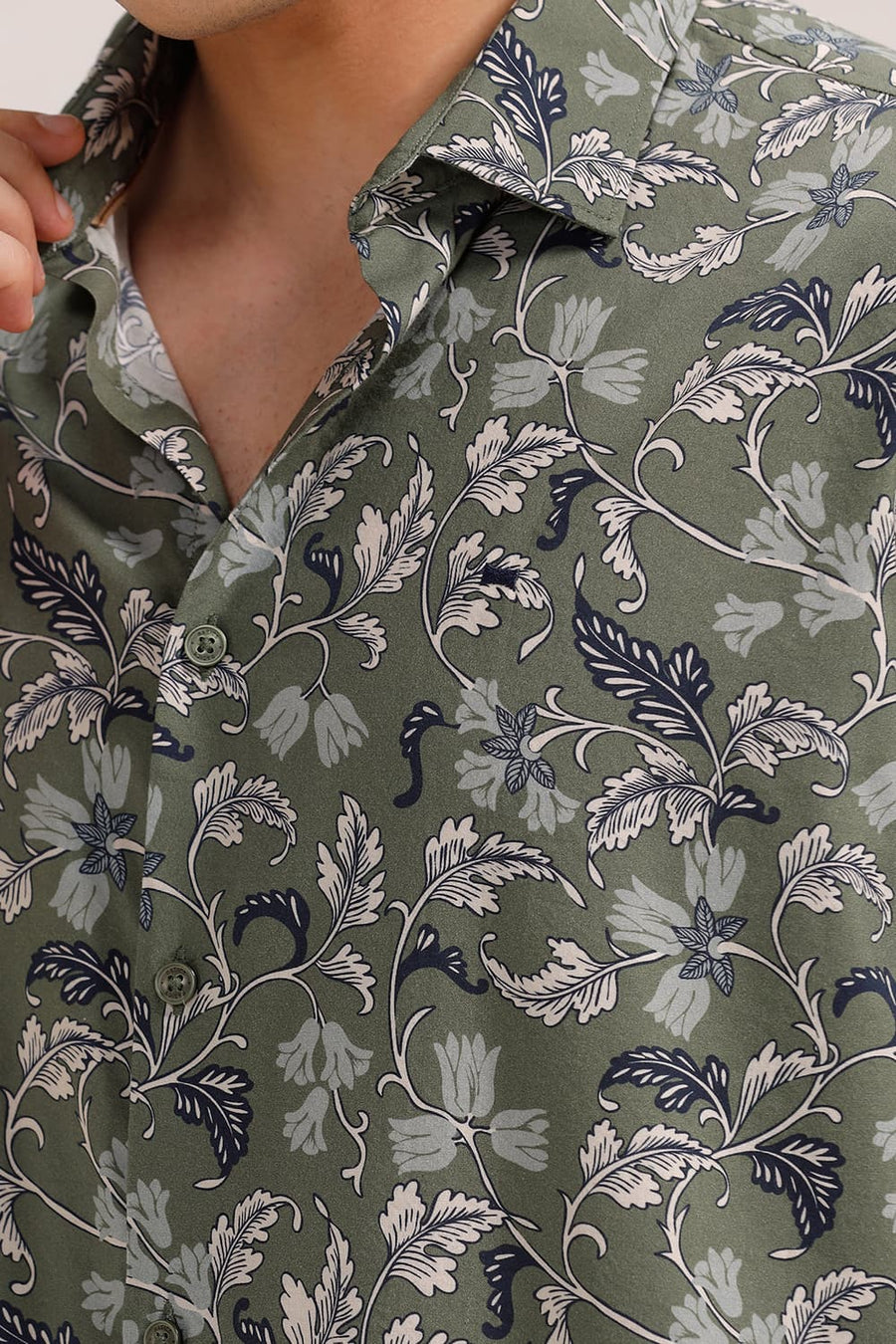 BASICS SLIM FIT DOUGLAS OLIVE COTTON VISCOSE PRINTED HALFSLEEVES SHIRT