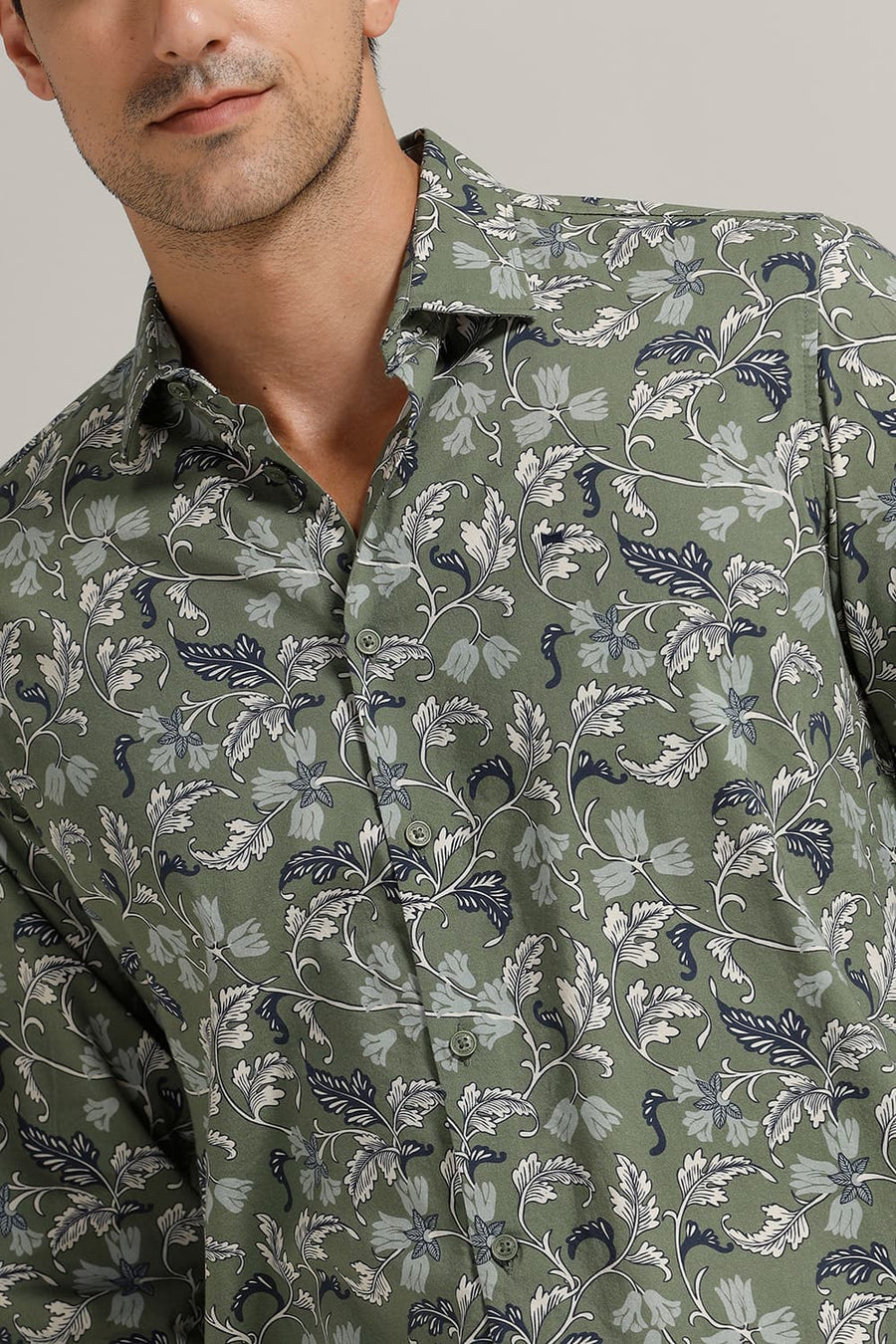 BASICS SLIM FIT DOUGLAS OLIVE COTTON VISCOSE PRINTED SHIRT