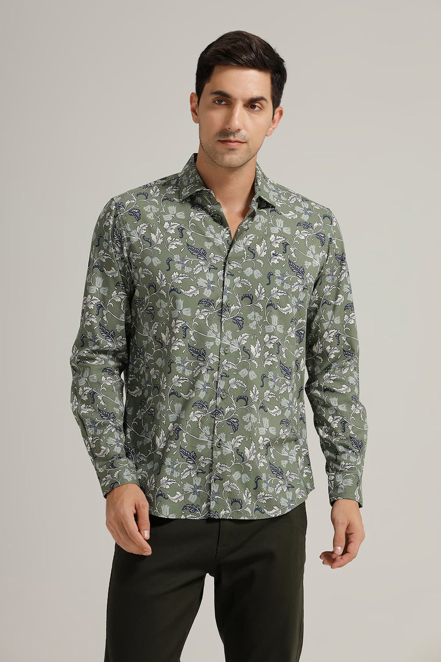 BASICS SLIM FIT DOUGLAS OLIVE COTTON VISCOSE PRINTED SHIRT