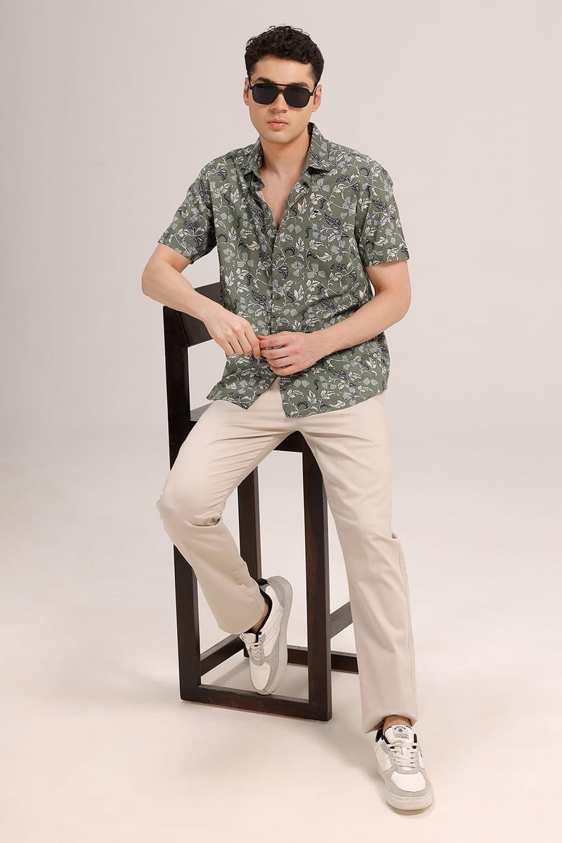 SLIM FIT COTTON VISCOSE PRINTED HALFSLEEVES SHIRT