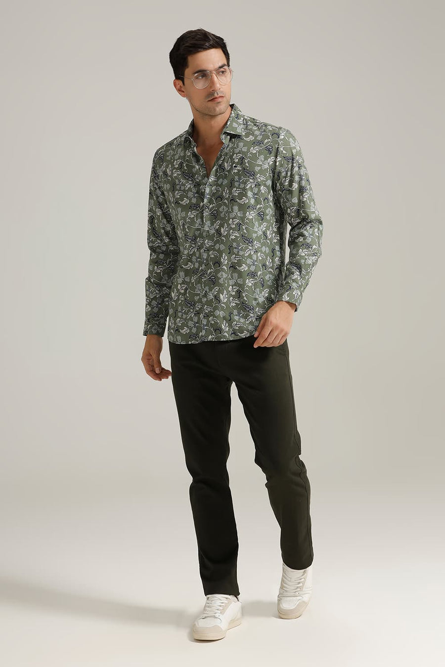 BASICS SLIM FIT DOUGLAS OLIVE COTTON VISCOSE PRINTED SHIRT