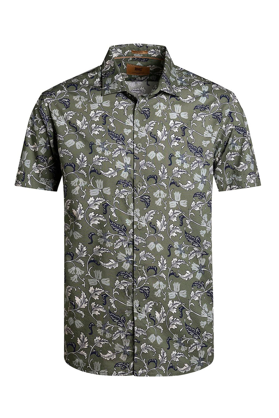 BASICS SLIM FIT DOUGLAS OLIVE COTTON VISCOSE PRINTED HALFSLEEVES SHIRT