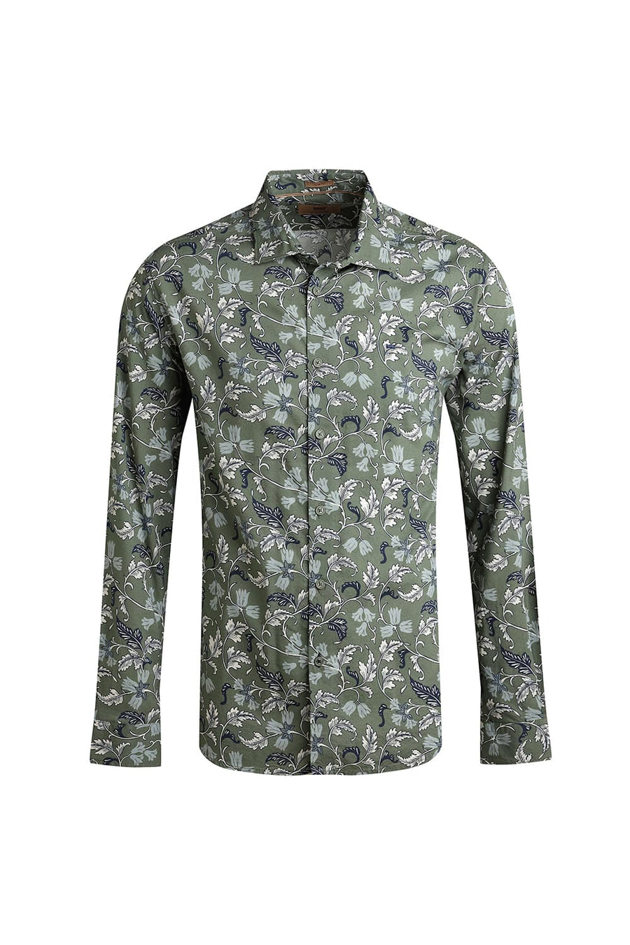 BASICS SLIM FIT DOUGLAS OLIVE COTTON VISCOSE PRINTED SHIRT