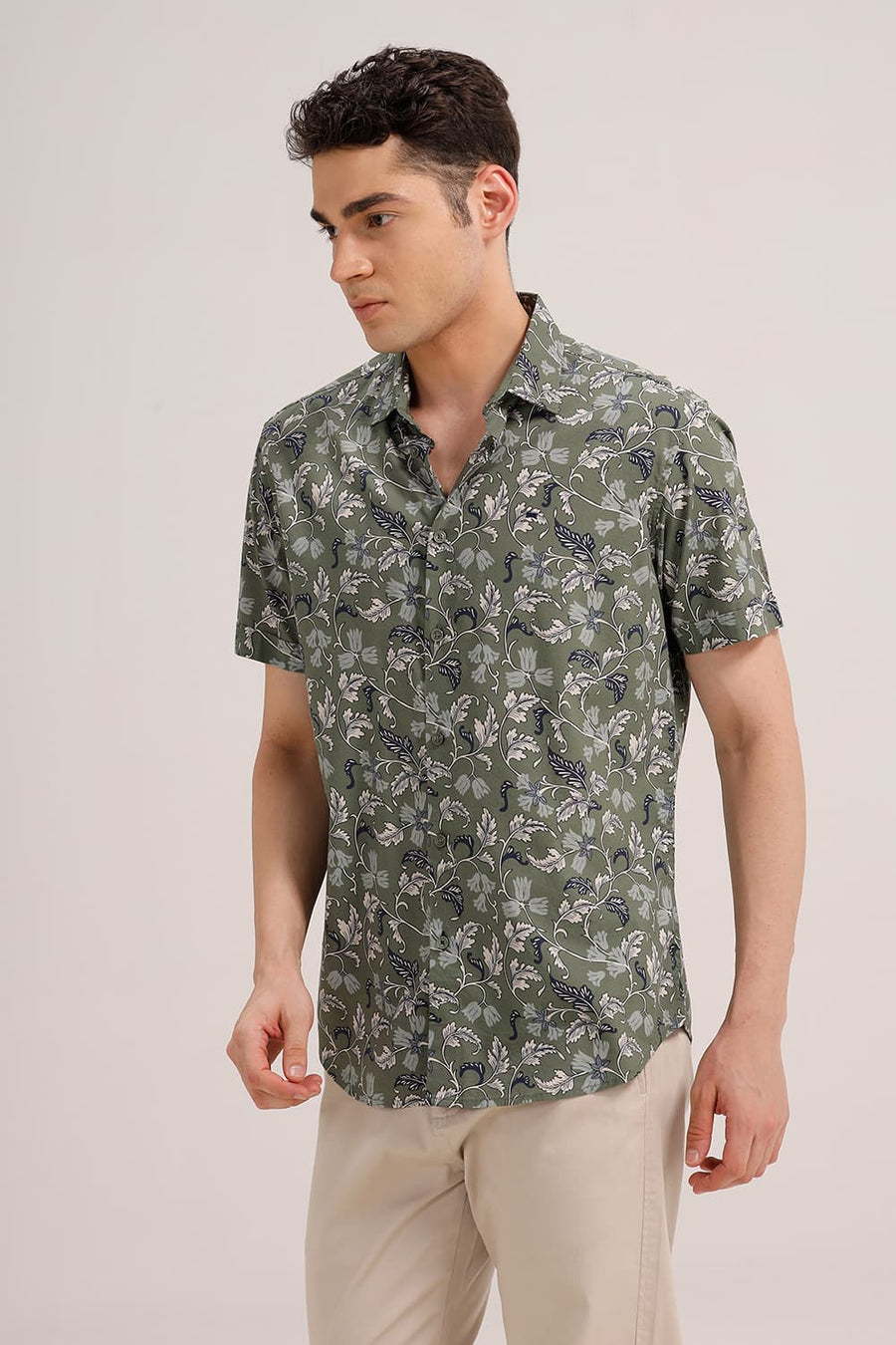BASICS SLIM FIT DOUGLAS OLIVE COTTON VISCOSE PRINTED HALFSLEEVES SHIRT