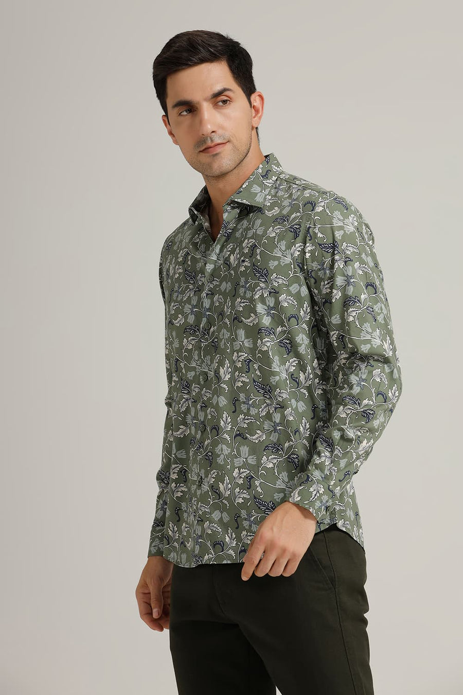 BASICS SLIM FIT DOUGLAS OLIVE COTTON VISCOSE PRINTED SHIRT
